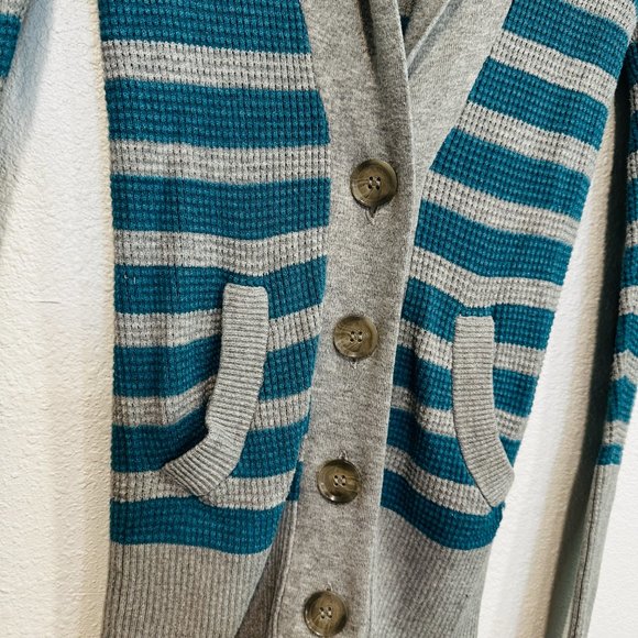 American Eagle Cardigan Top V-Neck Waffle Knit Teal Blue and Gray Striped Sz XS - Picture 4 of 6